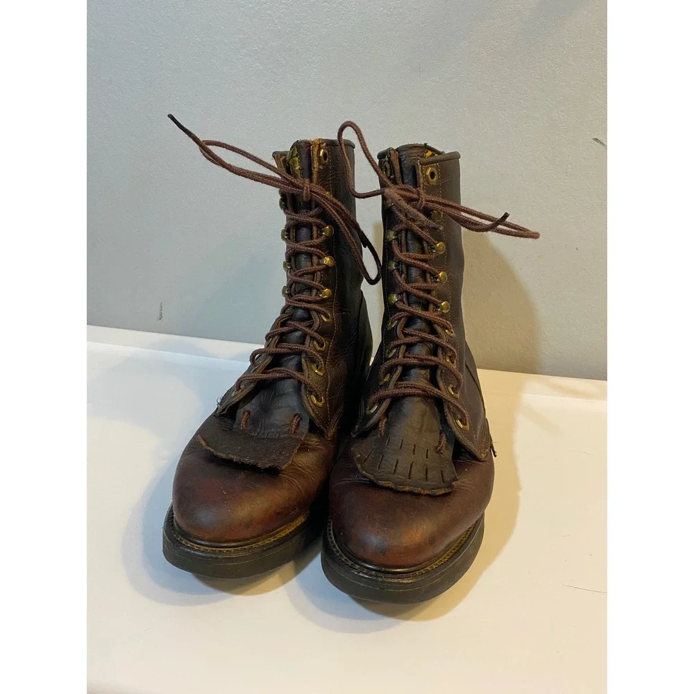 Justin Original Workboots Mens‎ 7.5 D Brown Leather Kiltie Lace Up Boots 0761